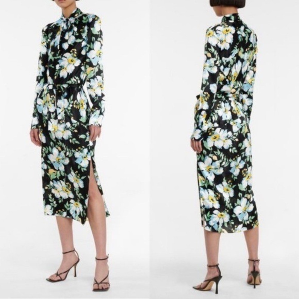 Tom Ford Silk Lavalliere Tie Neck Floral Print Long Sleeve Midi Dress Black 44